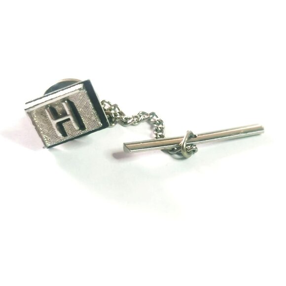 Vintage Swank Initial Monogram Letter H Silver-Tone Tie Tack With Chain & Bar - Picture 1 of 3